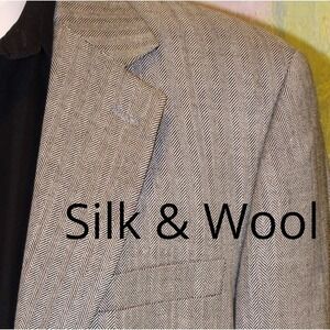 44 Silk Linen Wool Gray‎ Black Mens BLAZER Herringbone  SPORT COAT Luxury $200